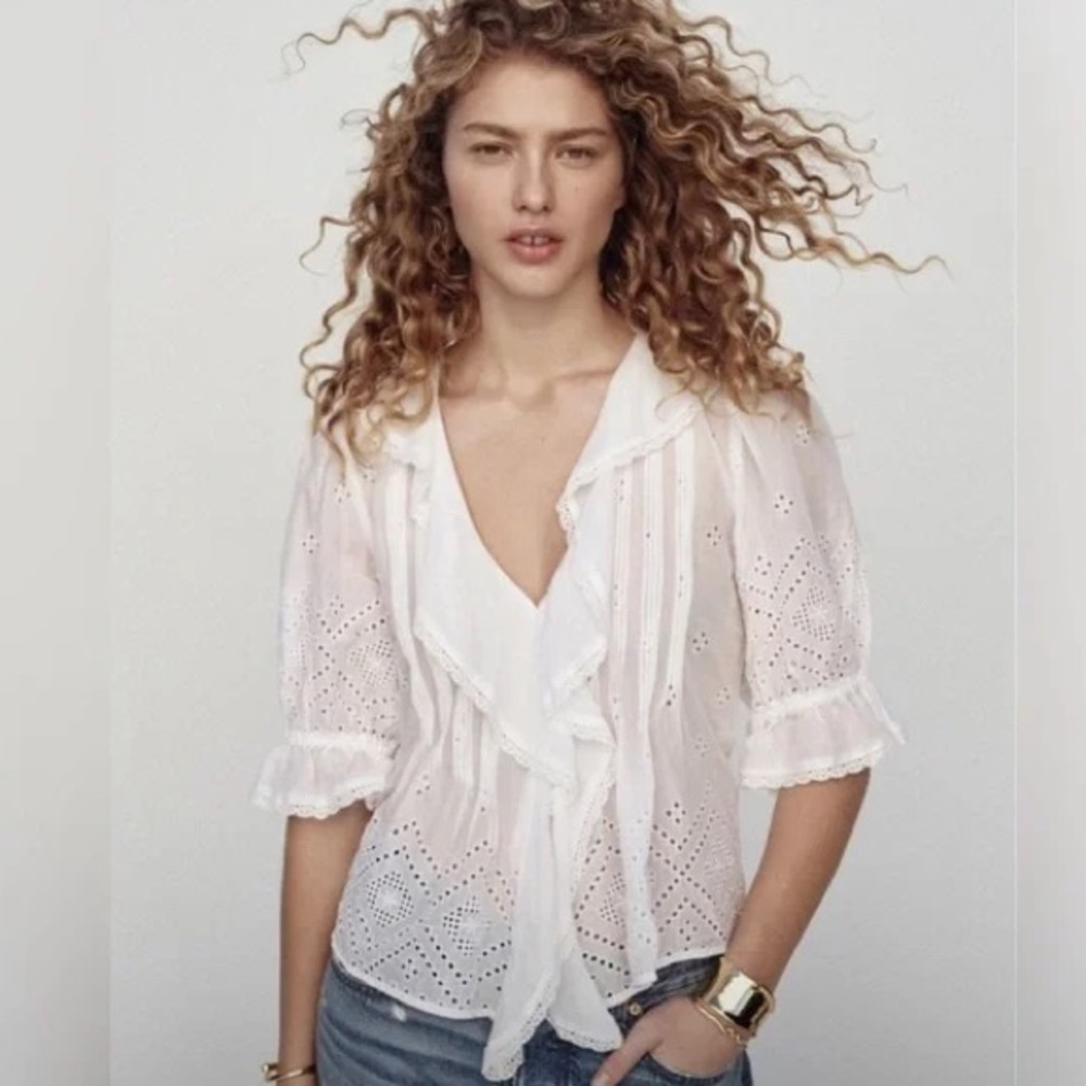 Madewell White Eyelet Ruffle Puffy Sleeve Blouse Top Brand New